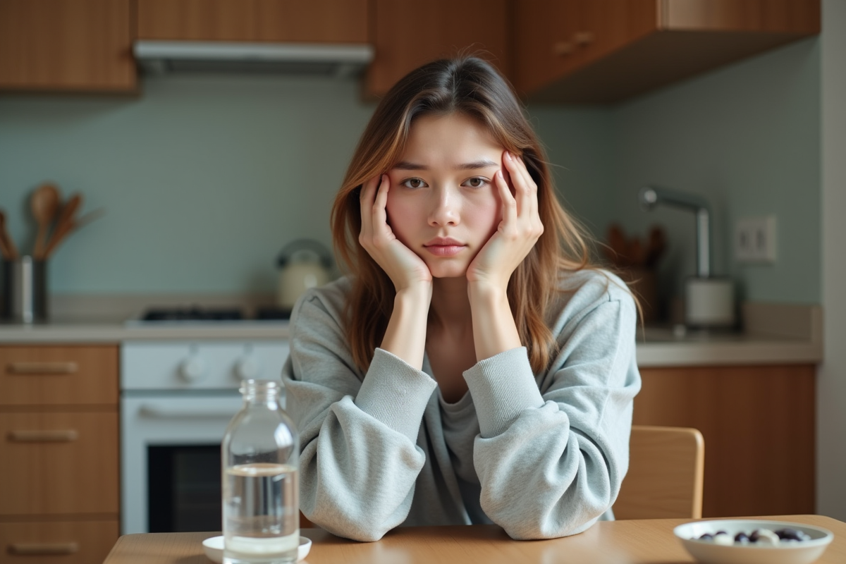 Jeune femme assise à la cuisine avec expression fatiguée