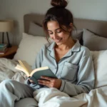 Jeune femme lisant un livre dans son lit en pyjama gris