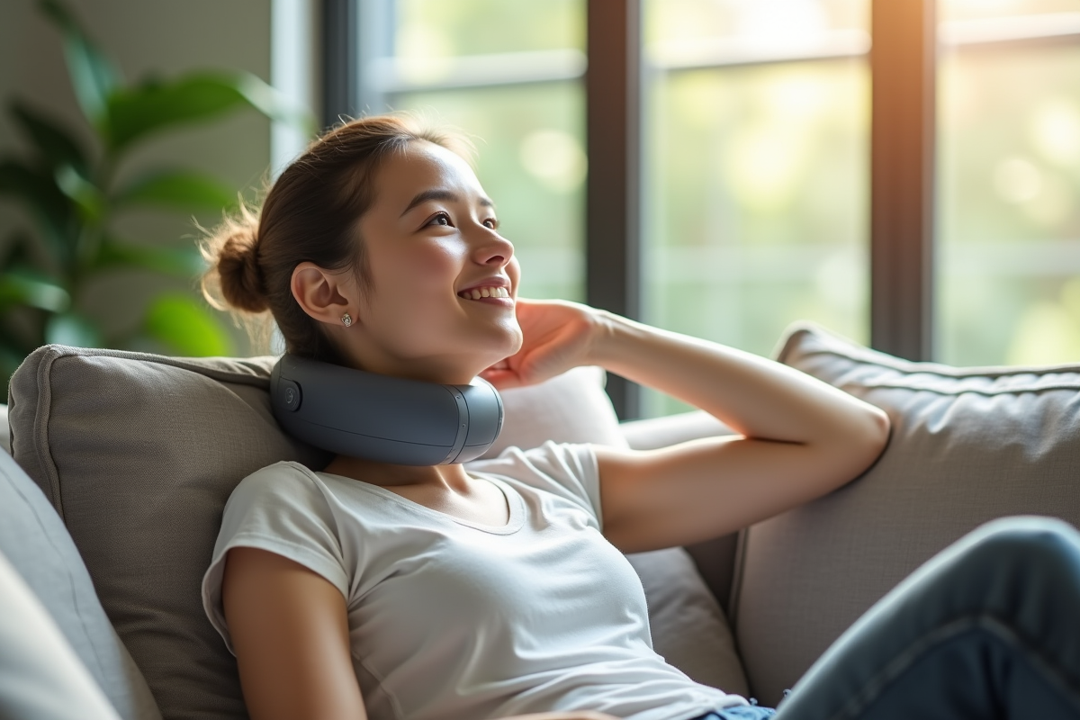 Jeune femme utilisant un masseur cervical dans un salon lumineux