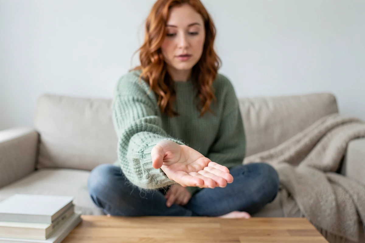 Jeune femme assise sur un canapé examinant sa paume droite ouverte, dans un intérieur scandinave épuré, évoquant la croyance populaire sur la main droite qui gratte