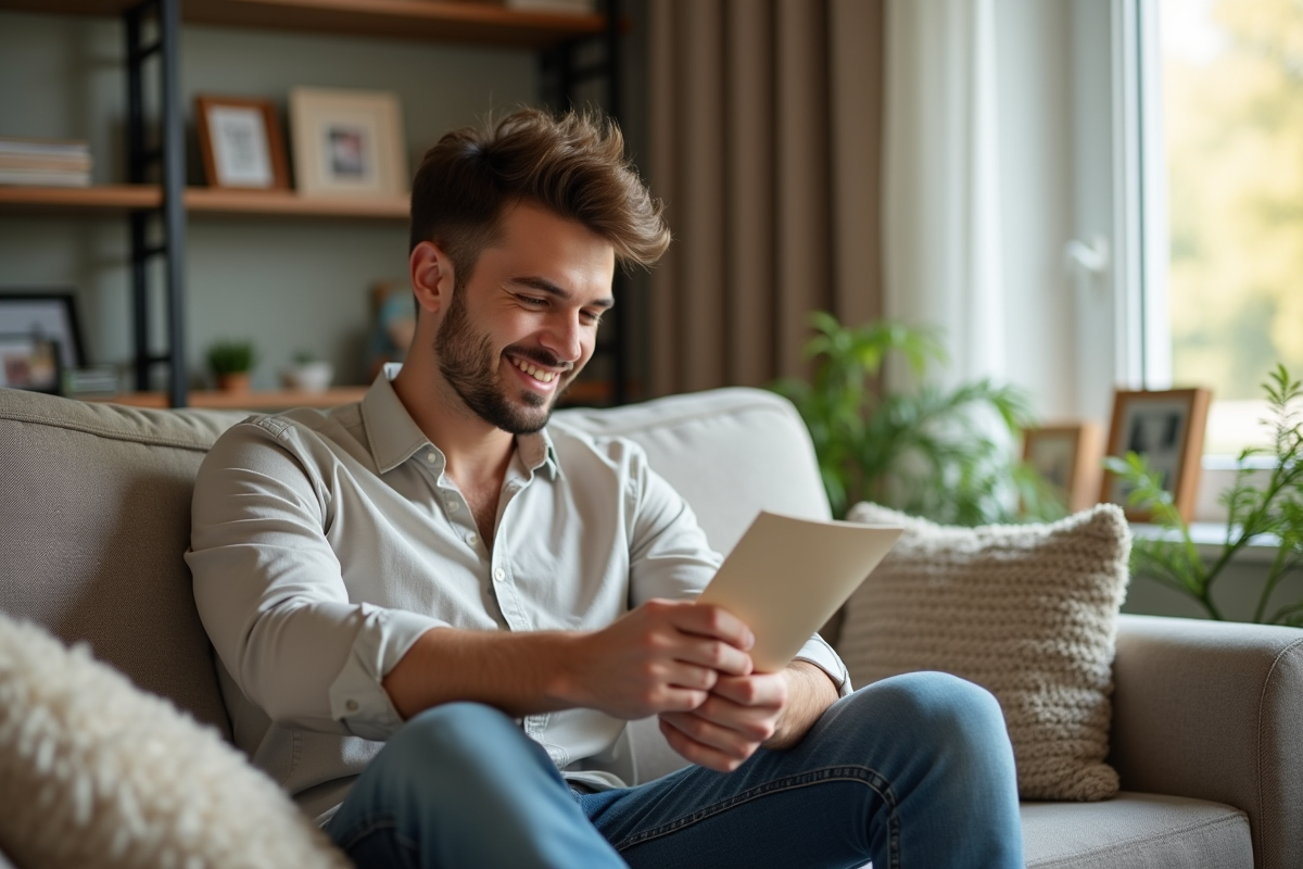 Jeune homme lisant une brochure de soins dans un salon lumineux