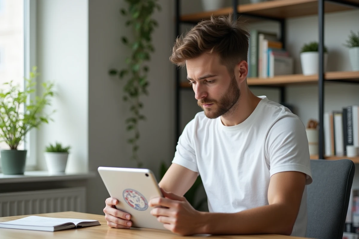 Jeune homme examine un diagramme du microbiome sur une tablette
