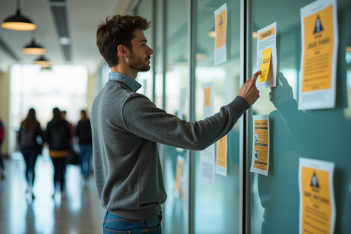 Jeune homme collant une note sur mur d affiches