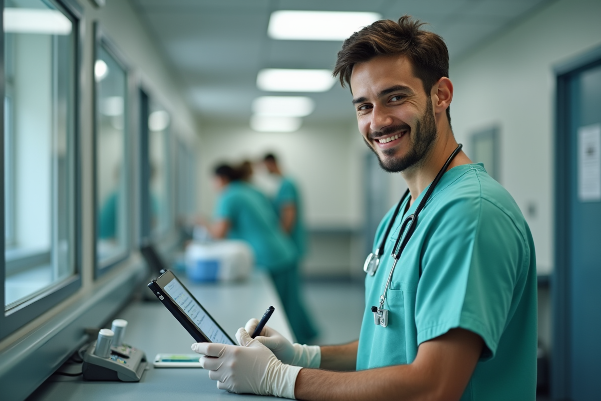 Jeune infirmier en blouse verte enregistrant des données