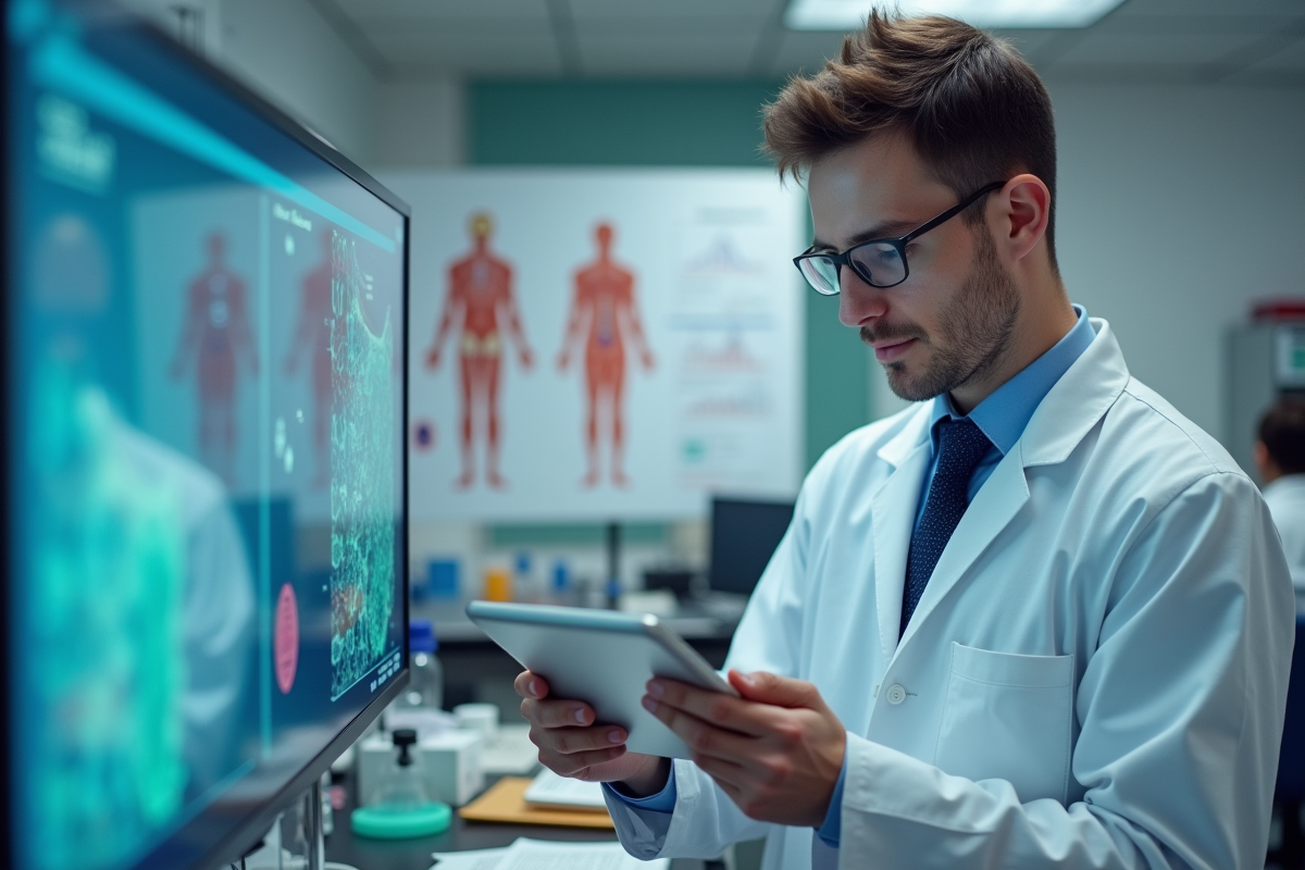 Jeune chercheur examinant des images cellulaires en laboratoire