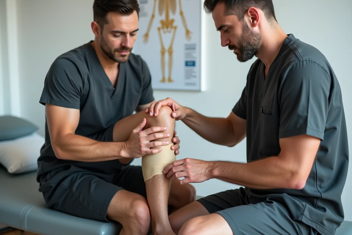 Kinésithérapeute posant un taping sur le genou d'un coureur souffrant de tendinopathie de la patte d'oie