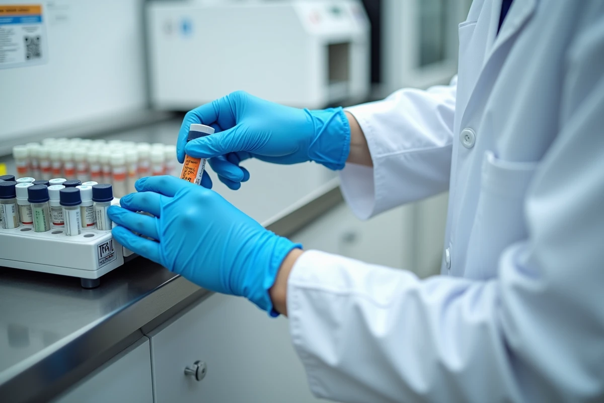Technicien de laboratoire analysant un échantillon urinaire pour détecter une microalbuminurie dans le cadre du bilan d'hypertension