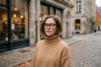 Femme portant des lunettes oversize écaille de tortue en acétate dans une rue pavée en automne, style mode hiver 2026