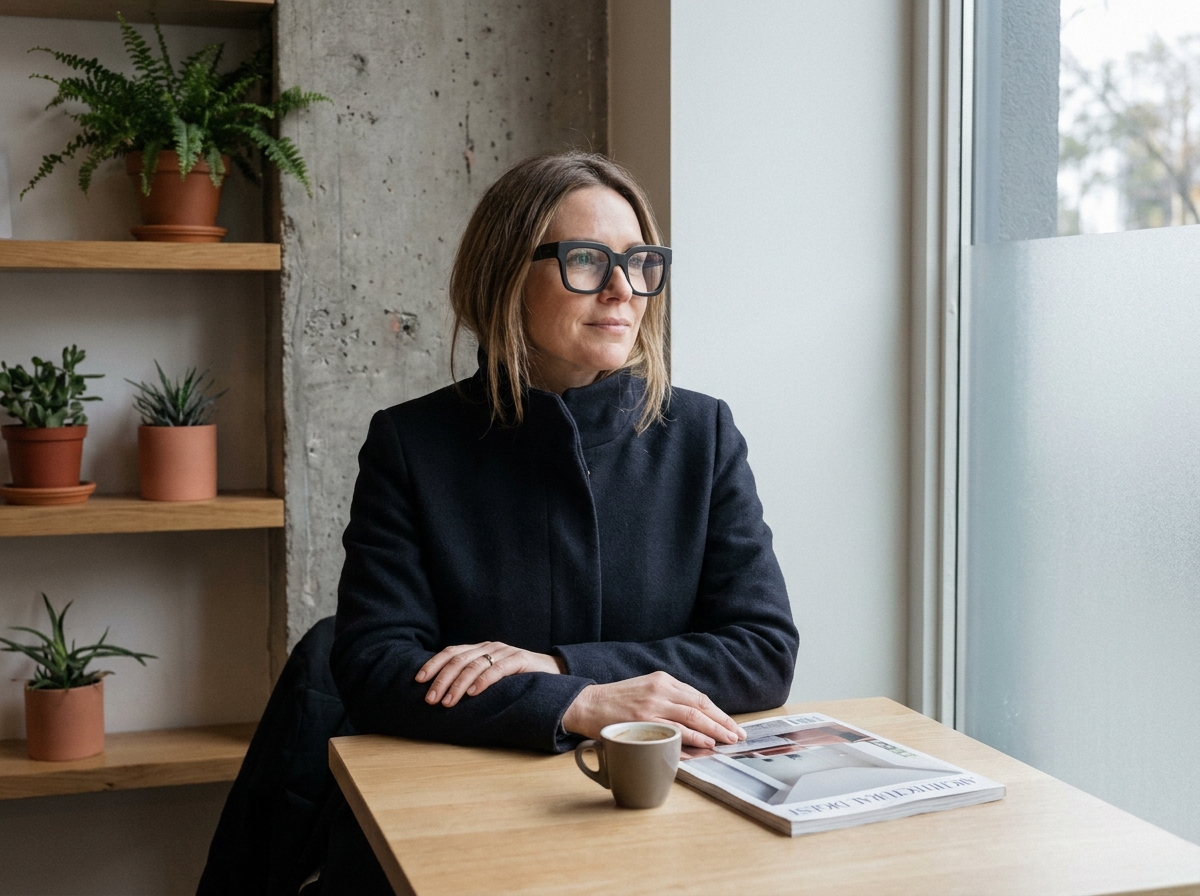 Femme élégante avec lunettes oversize noires carrées assise dans un café minimaliste, mode lunetterie tendance hiver 2026