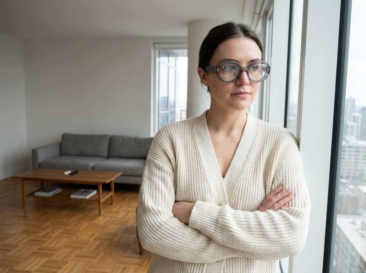 Jeune femme avec lunettes oversize ovales grises fumées dans un appartement moderne scandinave, tendance lunettes hiver 2026