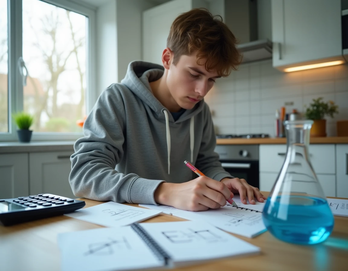 Lycéen révisant le calcul de concentration en chimie avec fiches imprimées et calculatrice à la maison