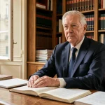 Portrait d'un magistrat français âgé assis à son bureau parisien entouré de livres juridiques, expression digne et réfléchie