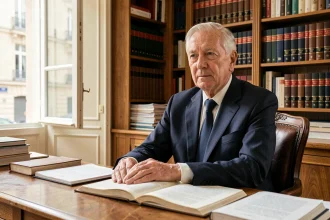 Portrait d'un magistrat français âgé assis à son bureau parisien entouré de livres juridiques, expression digne et réfléchie