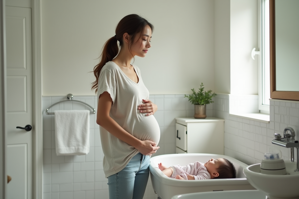 Mère regardant son reflet dans un miroir de salle de bain