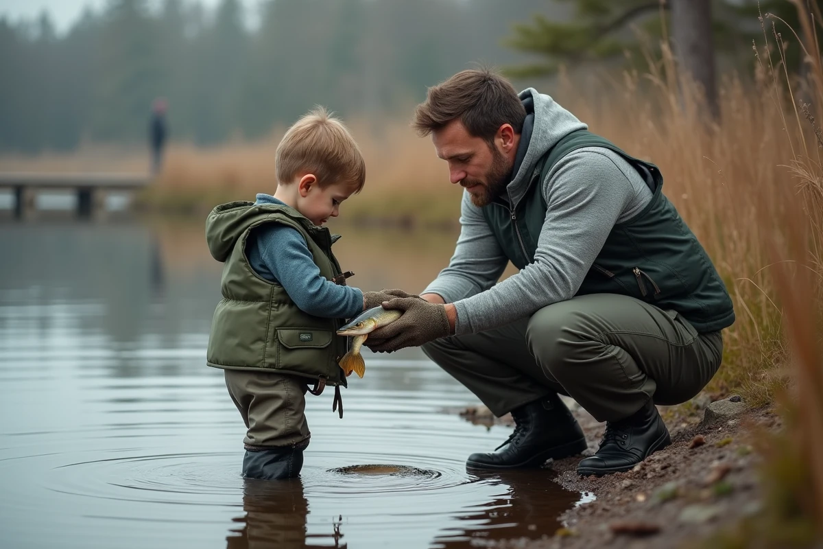 Parent apprenant à un enfant à manipuler un brochet en toute sécurité au bord d'un lac
