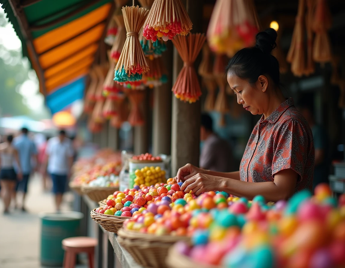 Étal de marché thaïlandais proposant des inhalateurs yadom en vente avec une vendeuse locale