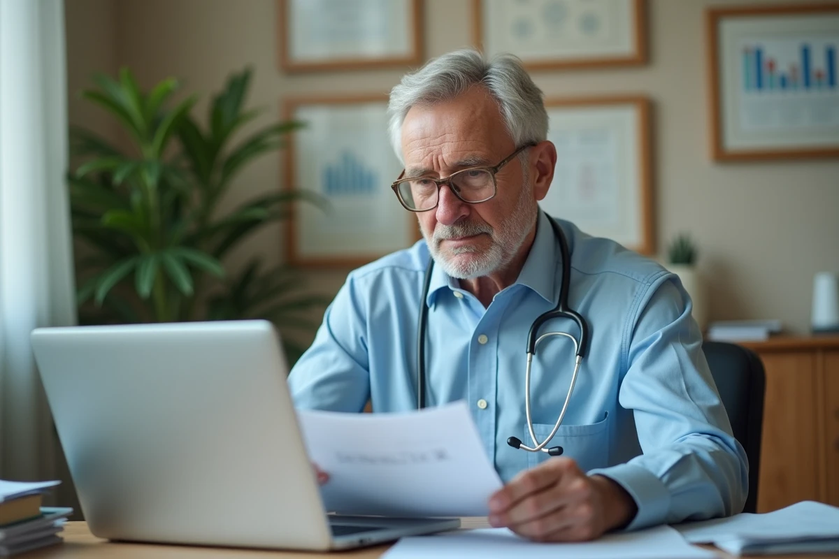Médecin analysant des études cliniques sur les effets secondaires d'un traitement médical dans son cabinet