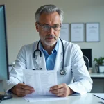 Médecin spécialiste examinant des résultats d'analyse biologique liés à la microalbuminurie chez un patient hypertendu