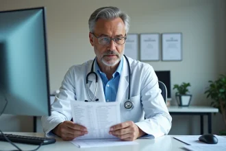 Médecin spécialiste examinant des résultats d'analyse biologique liés à la microalbuminurie chez un patient hypertendu