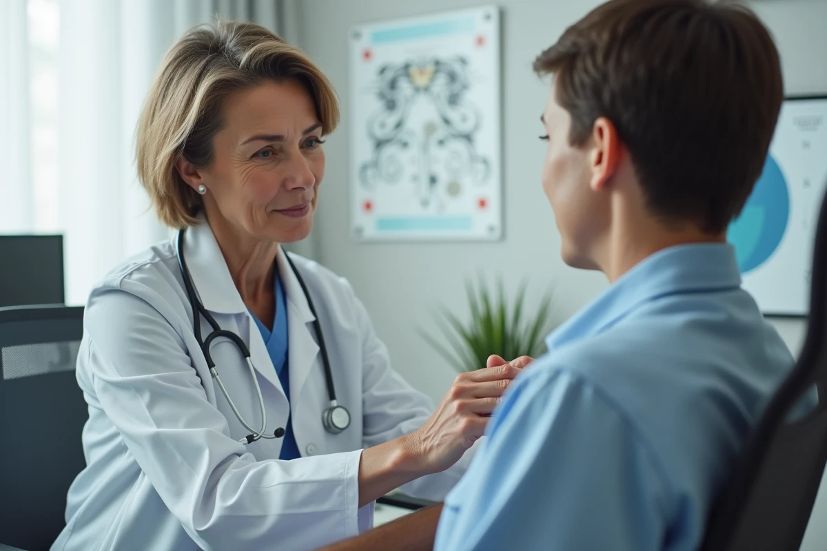 Médecin examinant les ganglions lymphatiques sous l'aisselle d'une patiente en consultation