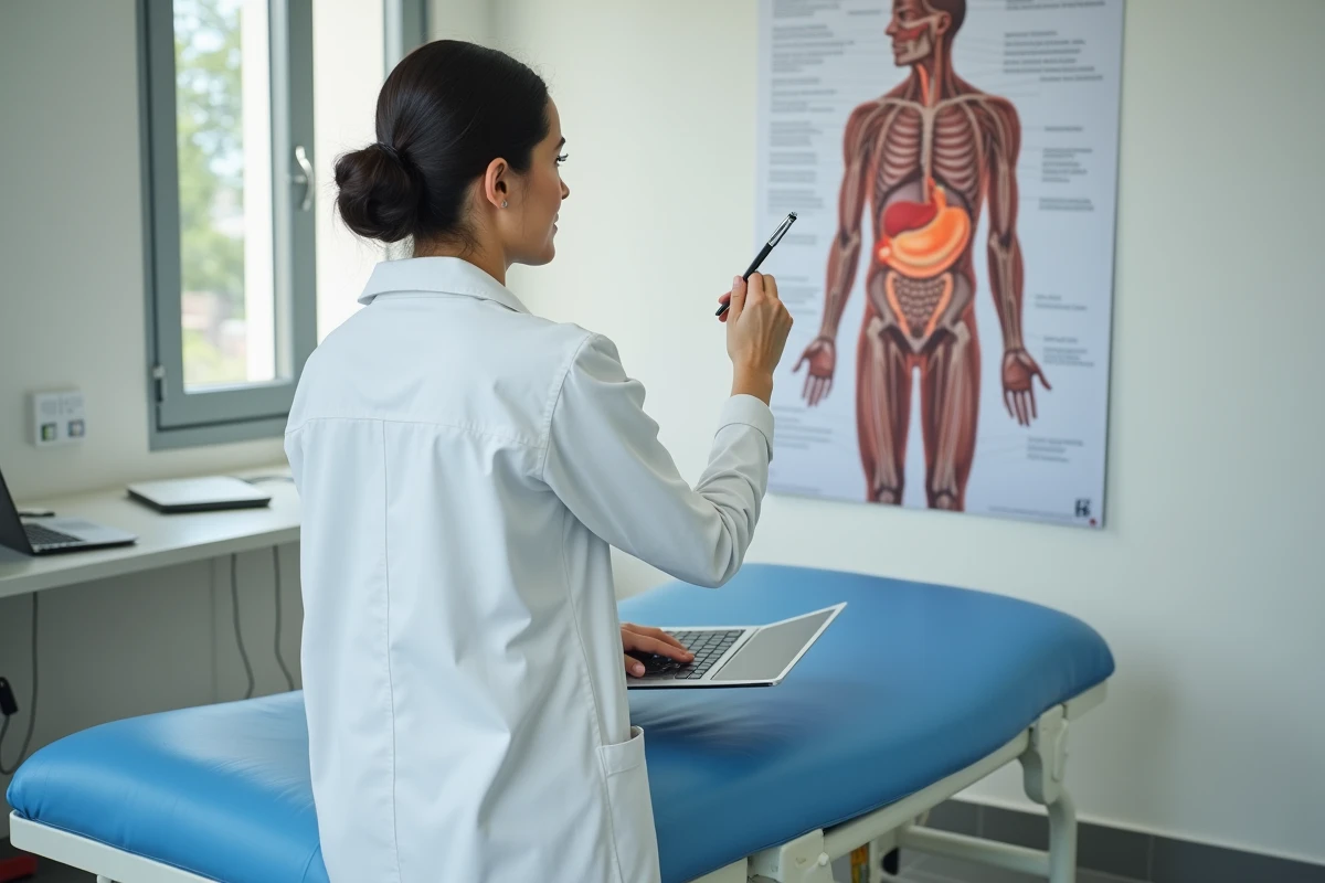 Médecin expliquant la localisation du pancréas sur un schéma anatomique du système digestif