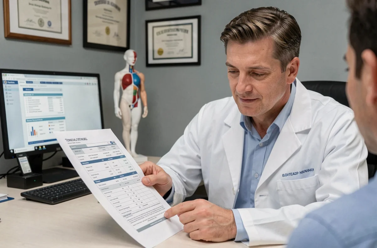 Médecin généraliste expliquant les résultats d'analyse Gamma GT à son patient en cabinet médical