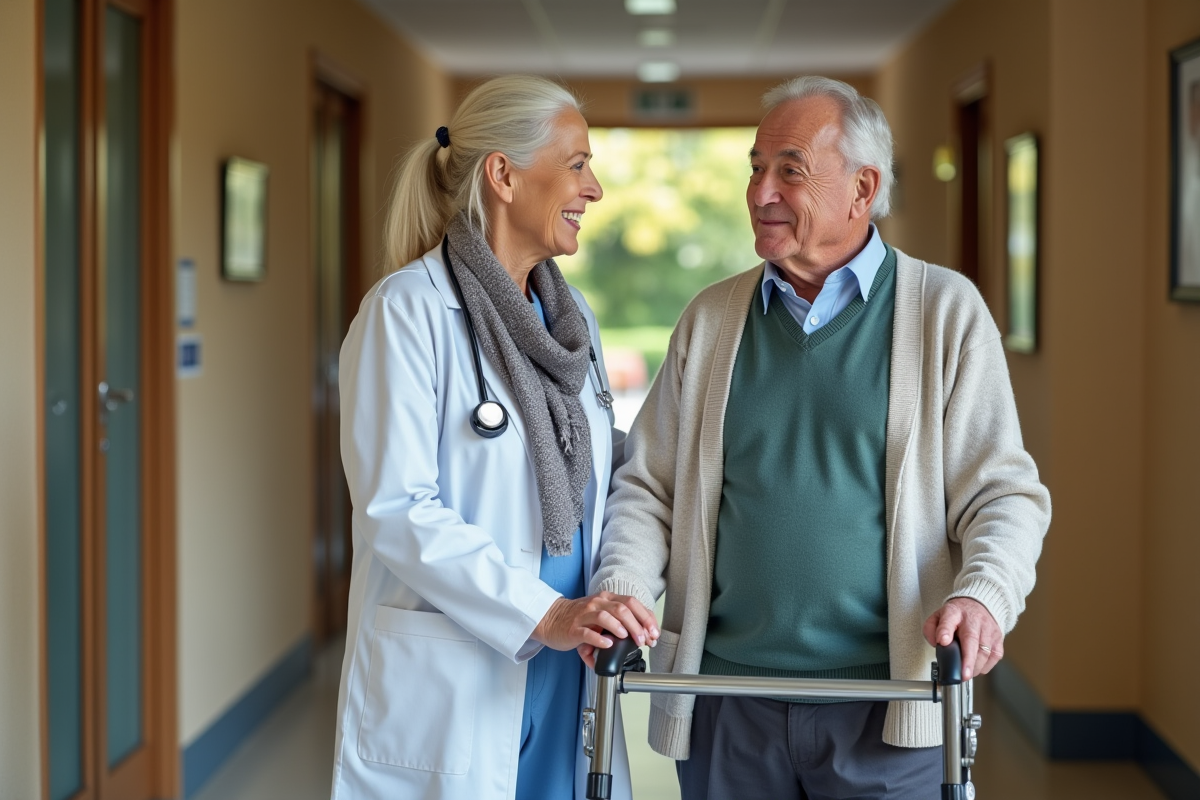 Medecin aidant un senior dans un couloir d