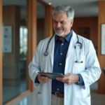 Médecin homme en costume navy dans un bureau moderne