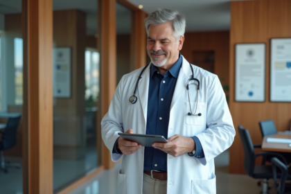 Médecin homme en costume navy dans un bureau moderne