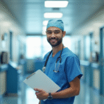 Medecin en blouse bleue dans un hopital lumineux