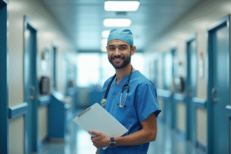 Medecin en blouse bleue dans un hopital lumineux