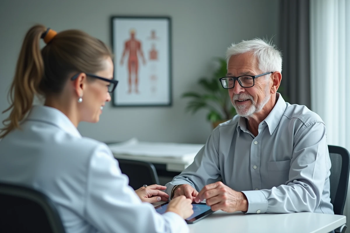 Un médecin expliquant à un patient senior comment utiliser une plateforme numérique de prise de rendez-vous médicaux