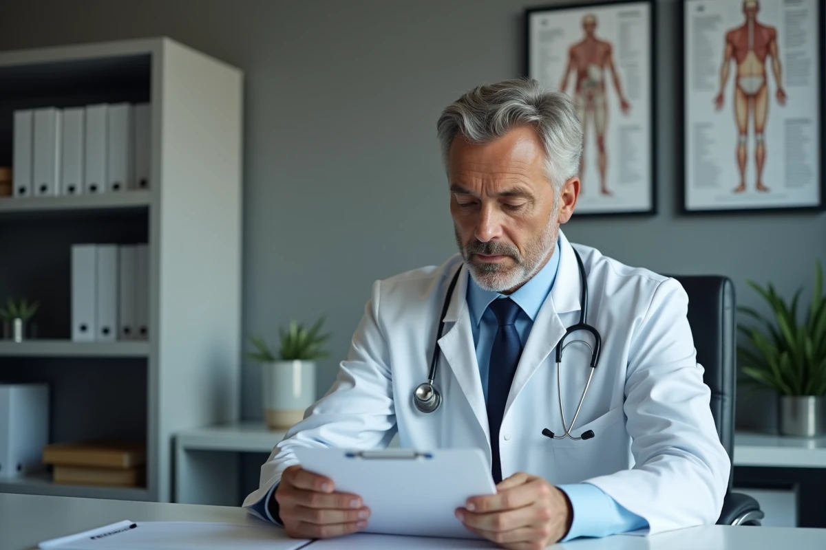 Medecin en cabinet examinant un dossier patient
