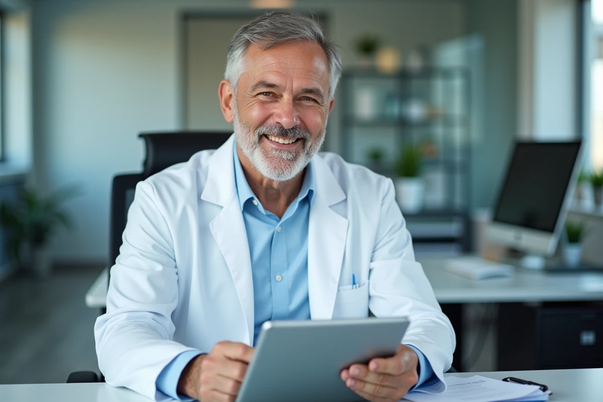 Médecin souriant avec une tablette dans un cabinet médical