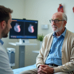 Homme age en consultation cardiologique avec echocardiogramme