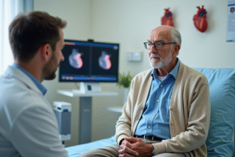 Homme age en consultation cardiologique avec echocardiogramme