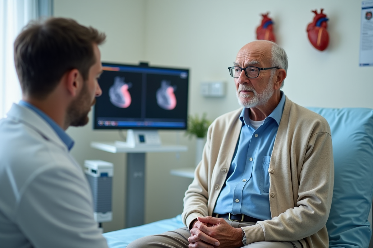 Homme age en consultation cardiologique avec echocardiogramme