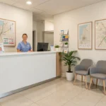 Accueil d'un centre dentaire moderne en Centre-Val de Loire avec une réceptionniste souriante et une salle d'attente lumineuse