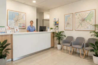 Accueil d'un centre dentaire moderne en Centre-Val de Loire avec une réceptionniste souriante et une salle d'attente lumineuse