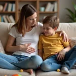 Mère réconfortant son fils assis sur un canapé beige