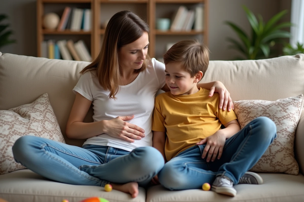 Mère réconfortant son fils assis sur un canapé beige