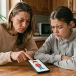 Mère expliquant à sa fille adolescente le danger du défi Bonhomme Allumette sur smartphone à la maison