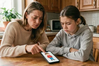 Mère expliquant à sa fille adolescente le danger du défi Bonhomme Allumette sur smartphone à la maison