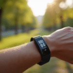 Montre connectee sportive affichant 8000 pas dans un parc