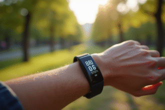 Montre connectee sportive affichant 8000 pas dans un parc