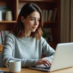 Femme naviguant sur le site Garan Cedore Magazine depuis un ordinateur portable dans un bureau à domicile