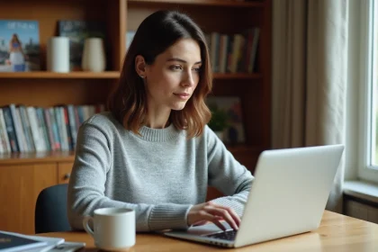 Femme naviguant sur le site Garan Cedore Magazine depuis un ordinateur portable dans un bureau à domicile