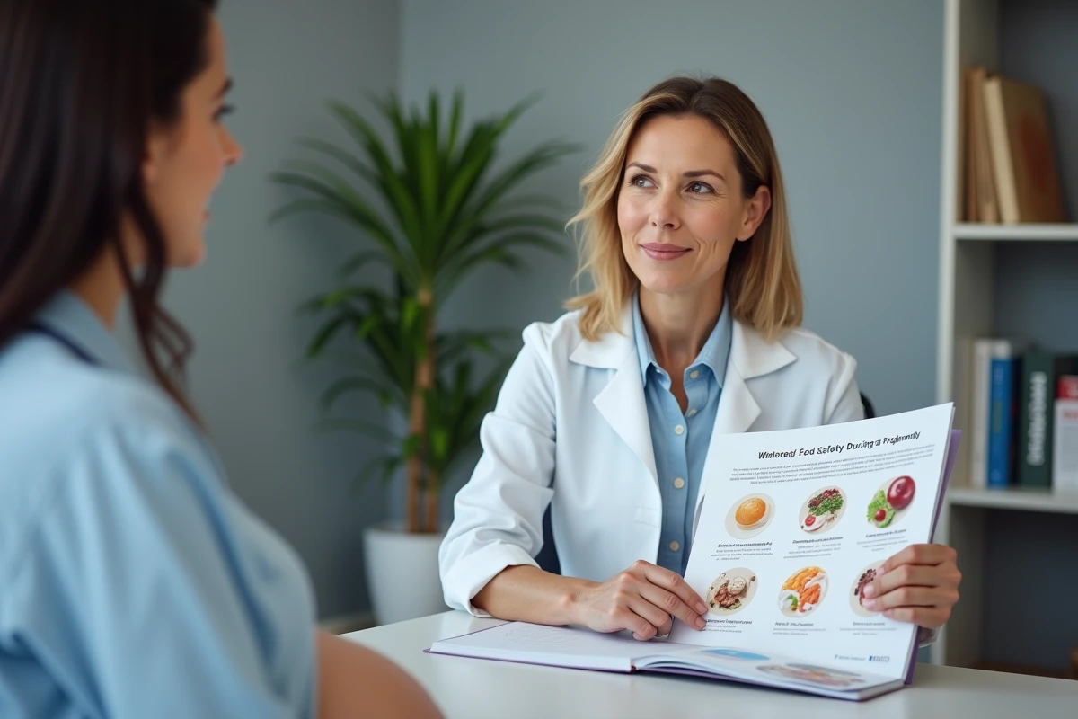 Nutritionniste montrant une brochure sur la sécurité alimentaire à une femme enceinte lors d'une consultation, en lien avec la consommation de parmesan pasteurisé pendant la grossesse
