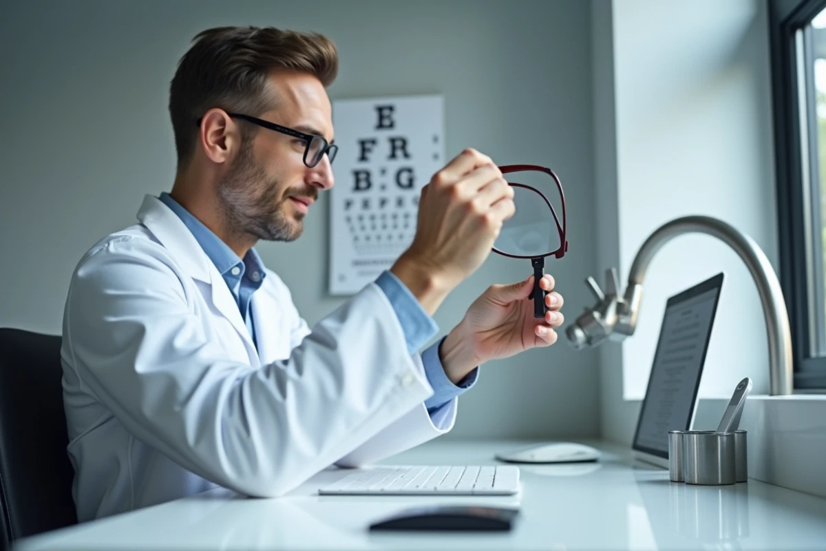 Opticien mesurant l'épaisseur d'un verre correcteur avec un pied à coulisse dans un atelier optique professionnel
