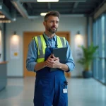 Homme en overalls bleus dans un hall industriel moderne